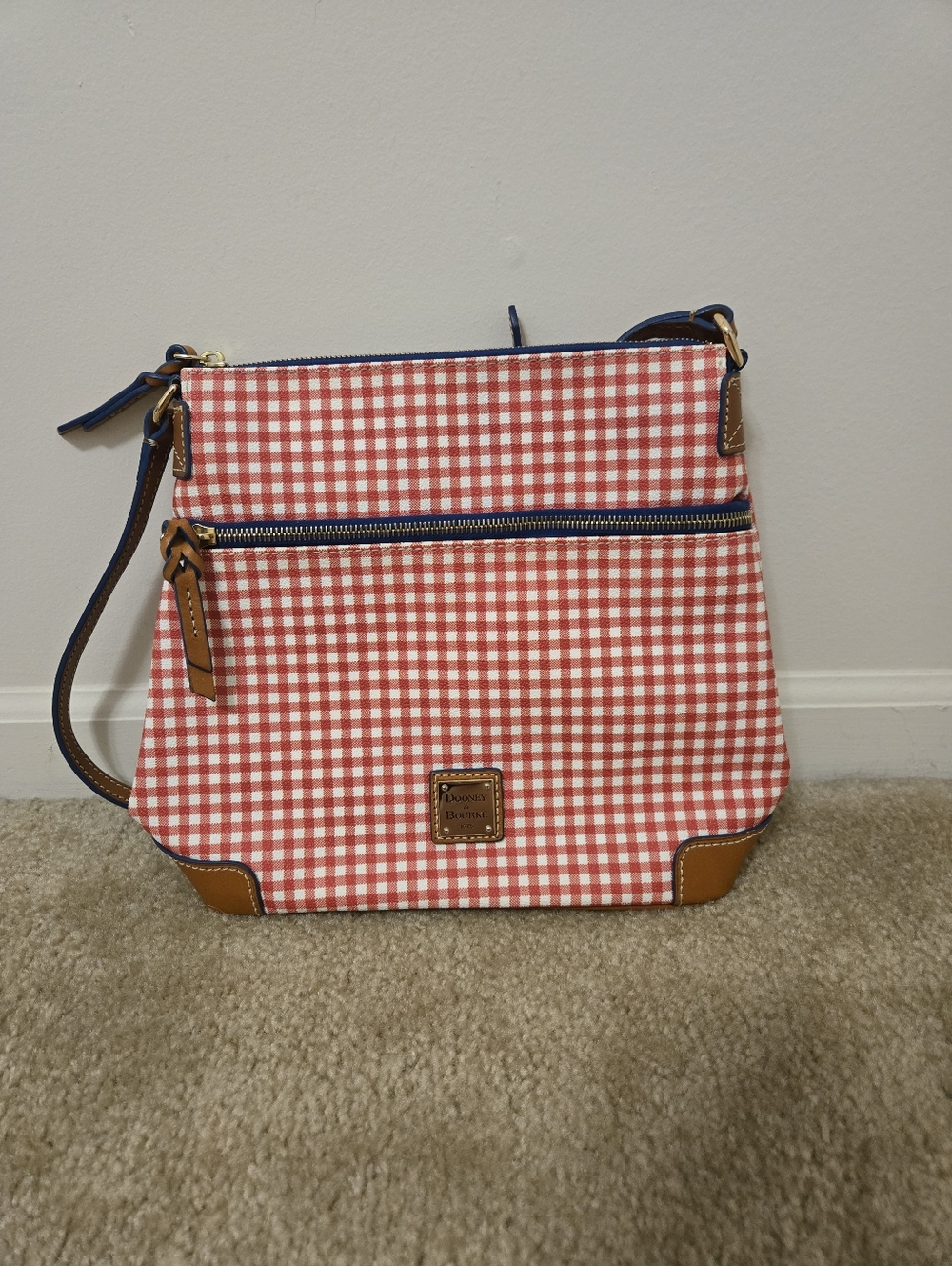 Dooney And Bourke White/Red Gingham Pattern Messenger Crossbody Bag